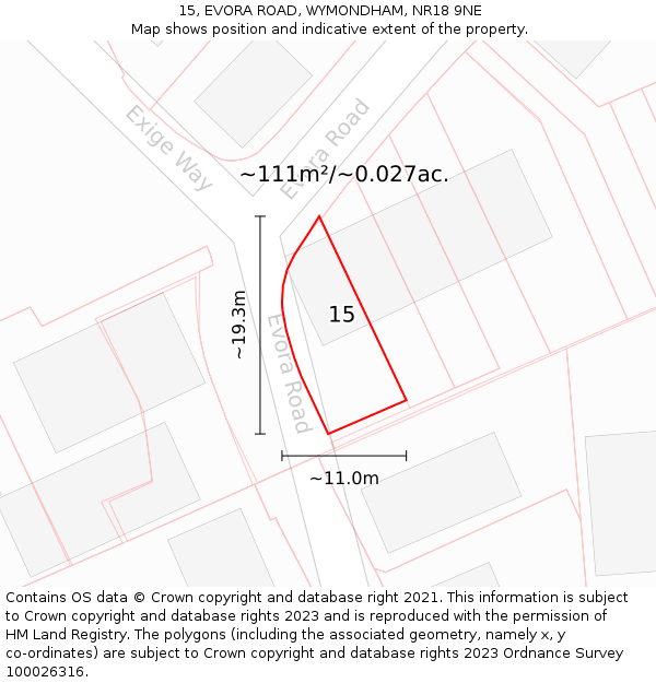 15, EVORA ROAD, WYMONDHAM, NR18 9NE: Plot and title map