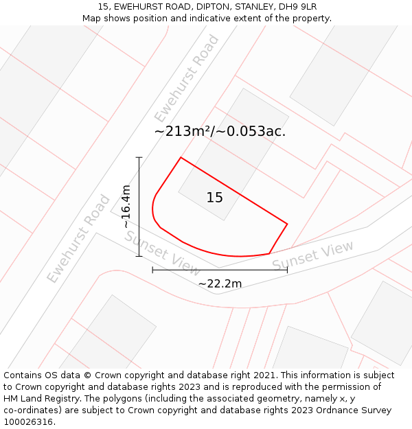 15, EWEHURST ROAD, DIPTON, STANLEY, DH9 9LR: Plot and title map