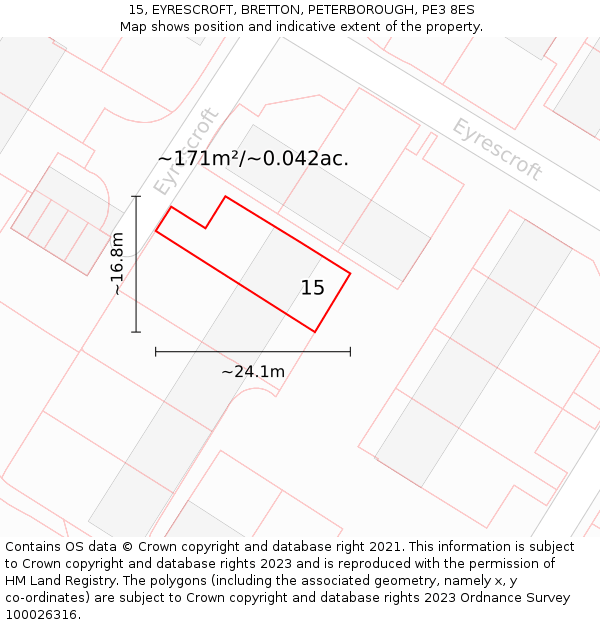 15, EYRESCROFT, BRETTON, PETERBOROUGH, PE3 8ES: Plot and title map