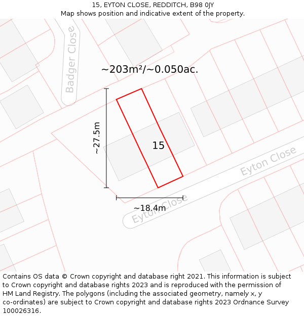 15, EYTON CLOSE, REDDITCH, B98 0JY: Plot and title map
