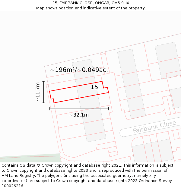 15, FAIRBANK CLOSE, ONGAR, CM5 9HX: Plot and title map
