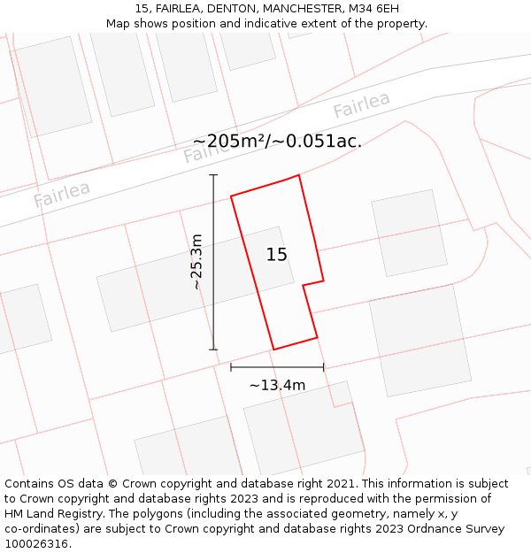 15, FAIRLEA, DENTON, MANCHESTER, M34 6EH: Plot and title map