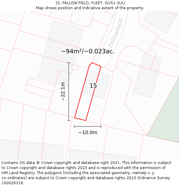 15, FALLOW FIELD, FLEET, GU51 2UU: Plot and title map