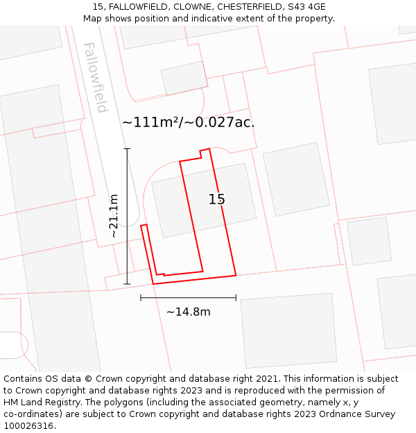 15, FALLOWFIELD, CLOWNE, CHESTERFIELD, S43 4GE: Plot and title map
