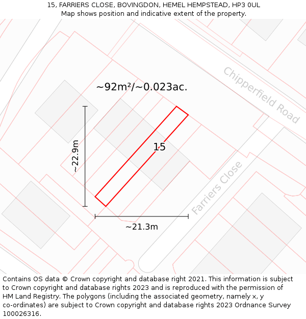 15, FARRIERS CLOSE, BOVINGDON, HEMEL HEMPSTEAD, HP3 0UL: Plot and title map
