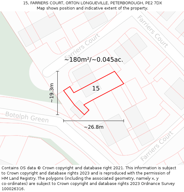15, FARRIERS COURT, ORTON LONGUEVILLE, PETERBOROUGH, PE2 7DX: Plot and title map