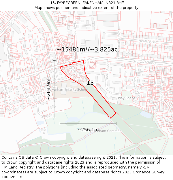 15, FAYREGREEN, FAKENHAM, NR21 8HE: Plot and title map