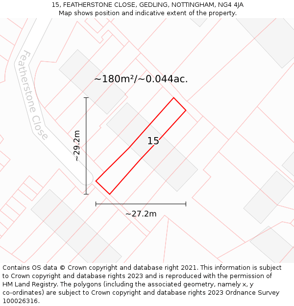15, FEATHERSTONE CLOSE, GEDLING, NOTTINGHAM, NG4 4JA: Plot and title map