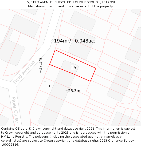 15, FIELD AVENUE, SHEPSHED, LOUGHBOROUGH, LE12 9SH: Plot and title map