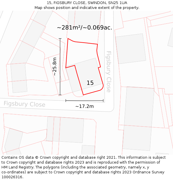 15, FIGSBURY CLOSE, SWINDON, SN25 1UA: Plot and title map