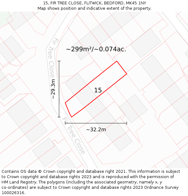15, FIR TREE CLOSE, FLITWICK, BEDFORD, MK45 1NY: Plot and title map