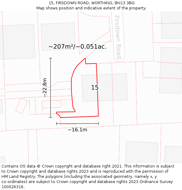 15, FIRSDOWN ROAD, WORTHING, BN13 3BG: Plot and title map