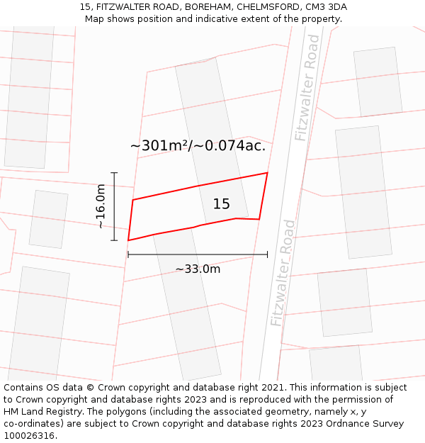 15, FITZWALTER ROAD, BOREHAM, CHELMSFORD, CM3 3DA: Plot and title map