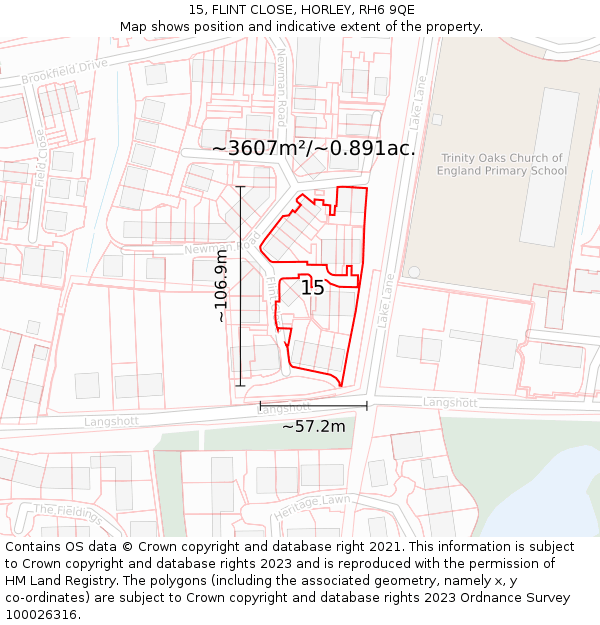 15, FLINT CLOSE, HORLEY, RH6 9QE: Plot and title map