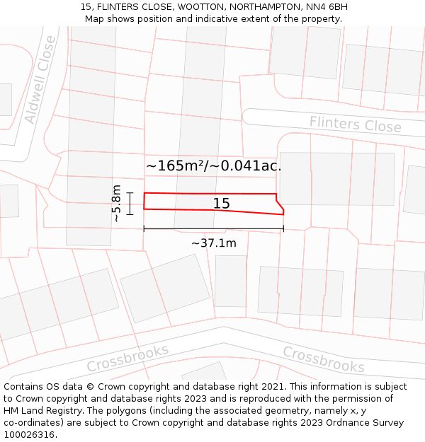 15, FLINTERS CLOSE, WOOTTON, NORTHAMPTON, NN4 6BH: Plot and title map