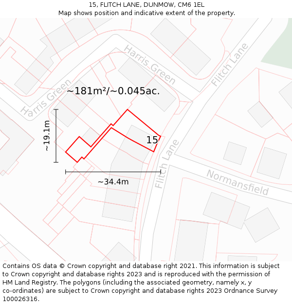 15, FLITCH LANE, DUNMOW, CM6 1EL: Plot and title map