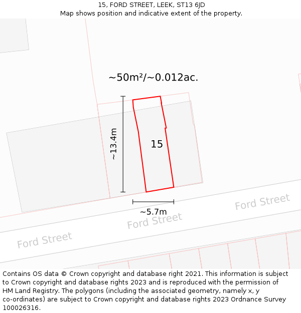 15, FORD STREET, LEEK, ST13 6JD: Plot and title map