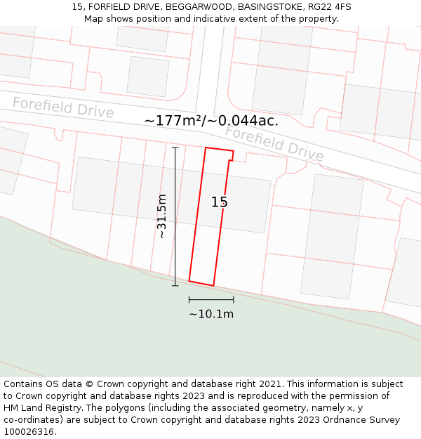 15, FORFIELD DRIVE, BEGGARWOOD, BASINGSTOKE, RG22 4FS: Plot and title map