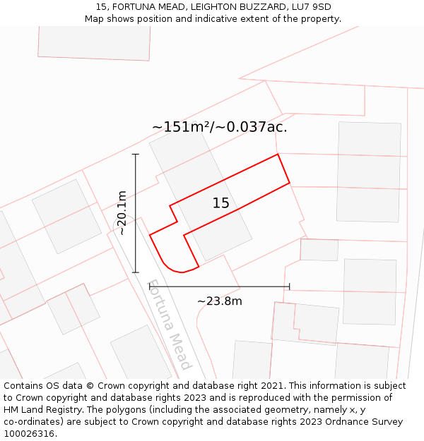 15, FORTUNA MEAD, LEIGHTON BUZZARD, LU7 9SD: Plot and title map