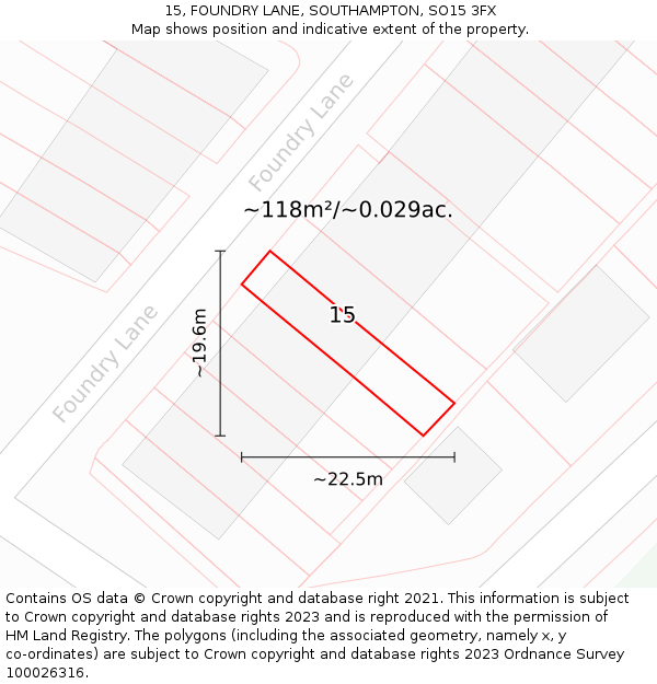 15, FOUNDRY LANE, SOUTHAMPTON, SO15 3FX: Plot and title map
