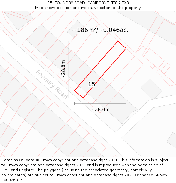 15, FOUNDRY ROAD, CAMBORNE, TR14 7XB: Plot and title map