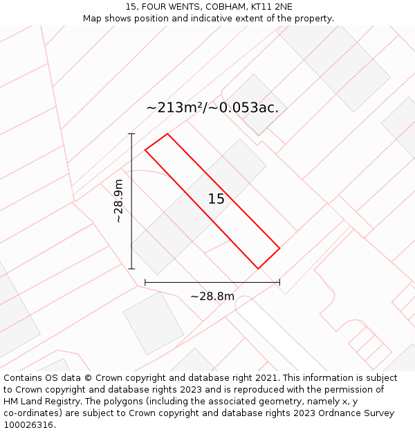 15, FOUR WENTS, COBHAM, KT11 2NE: Plot and title map