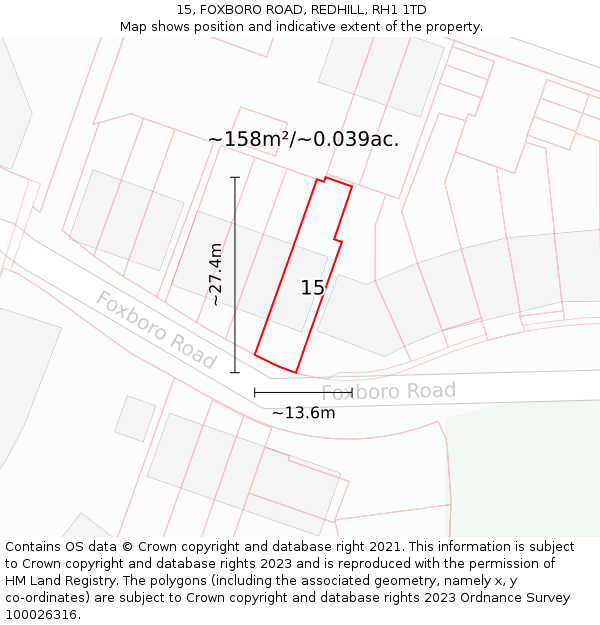 15, FOXBORO ROAD, REDHILL, RH1 1TD: Plot and title map