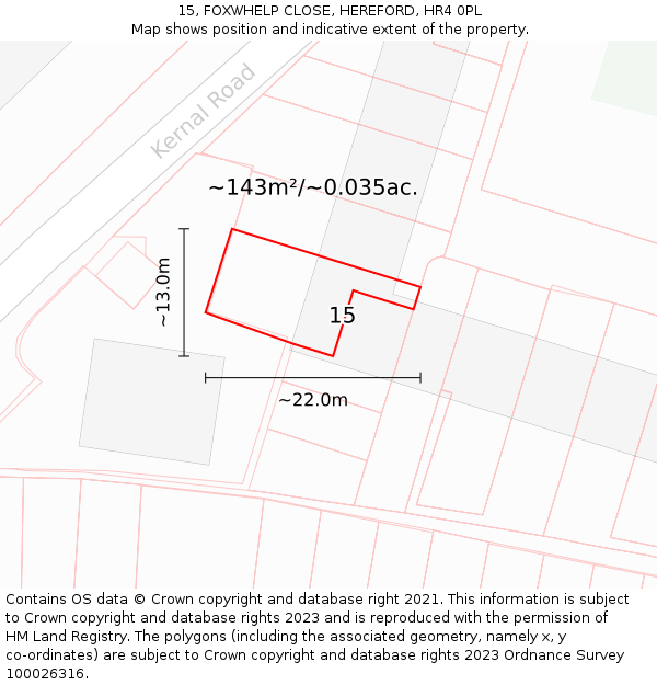 15, FOXWHELP CLOSE, HEREFORD, HR4 0PL: Plot and title map