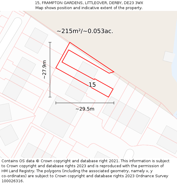 15, FRAMPTON GARDENS, LITTLEOVER, DERBY, DE23 3WX: Plot and title map