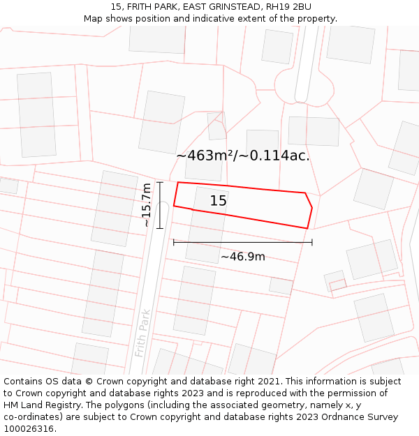 15, FRITH PARK, EAST GRINSTEAD, RH19 2BU: Plot and title map