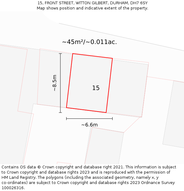 15, FRONT STREET, WITTON GILBERT, DURHAM, DH7 6SY: Plot and title map