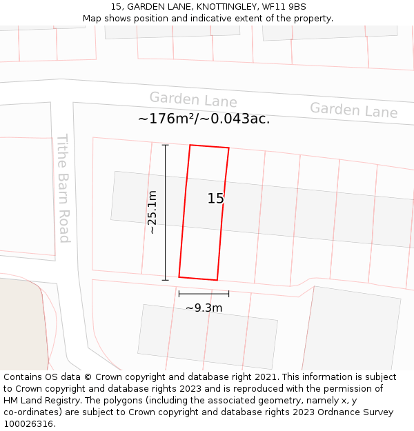15, GARDEN LANE, KNOTTINGLEY, WF11 9BS: Plot and title map
