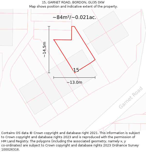 15, GARNET ROAD, BORDON, GU35 0XW: Plot and title map