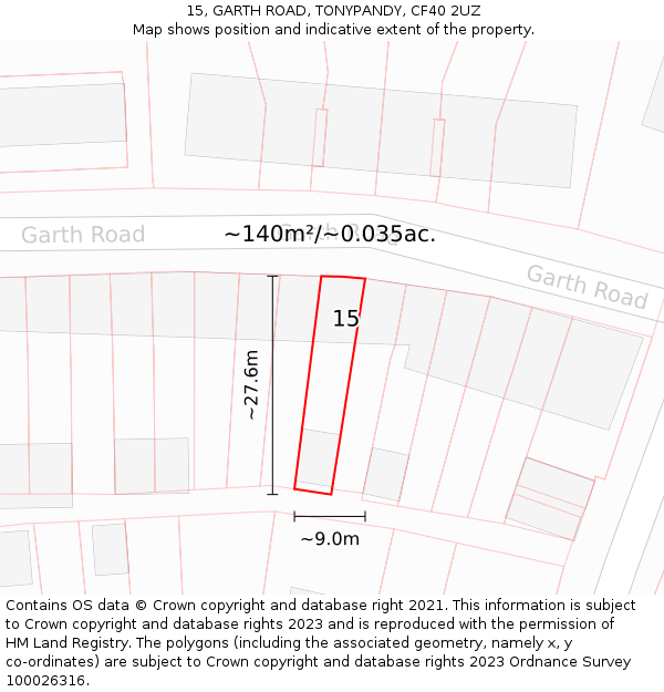 15, GARTH ROAD, TONYPANDY, CF40 2UZ: Plot and title map