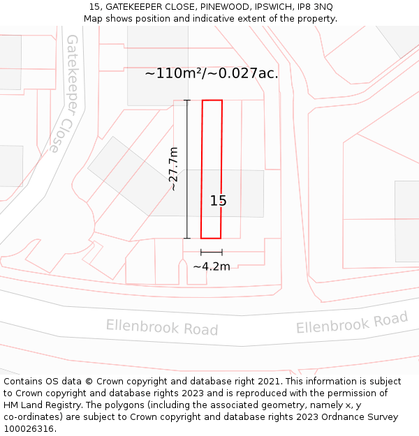 15, GATEKEEPER CLOSE, PINEWOOD, IPSWICH, IP8 3NQ: Plot and title map