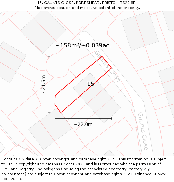 15, GAUNTS CLOSE, PORTISHEAD, BRISTOL, BS20 8BL: Plot and title map