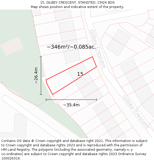15, GILBEY CRESCENT, STANSTED, CM24 8DS: Plot and title map