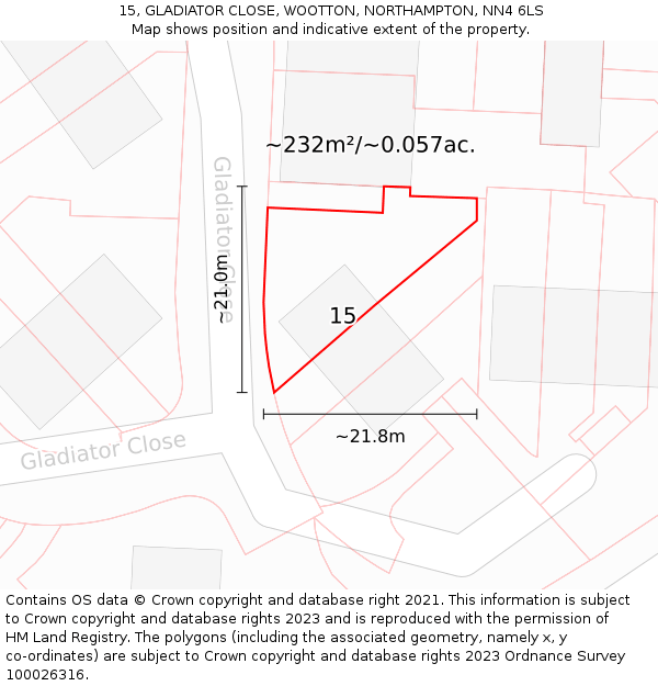 15, GLADIATOR CLOSE, WOOTTON, NORTHAMPTON, NN4 6LS: Plot and title map