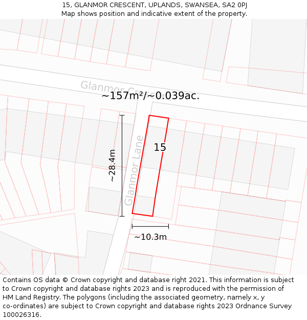 15, GLANMOR CRESCENT, UPLANDS, SWANSEA, SA2 0PJ: Plot and title map