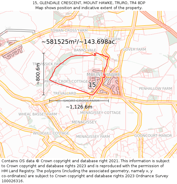 15, GLENDALE CRESCENT, MOUNT HAWKE, TRURO, TR4 8DP: Plot and title map