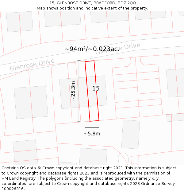 15, GLENROSE DRIVE, BRADFORD, BD7 2QQ: Plot and title map