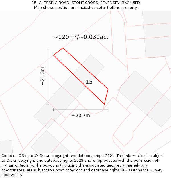 15, GLESSING ROAD, STONE CROSS, PEVENSEY, BN24 5FD: Plot and title map