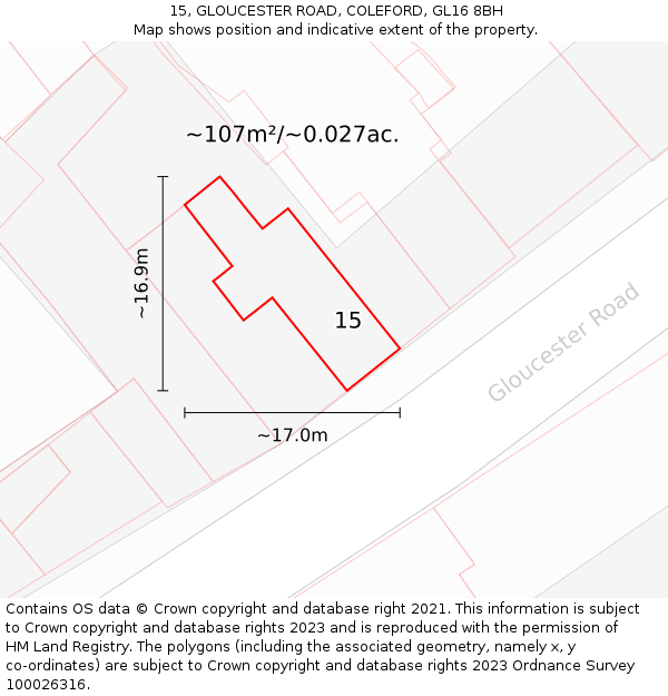 15, GLOUCESTER ROAD, COLEFORD, GL16 8BH: Plot and title map