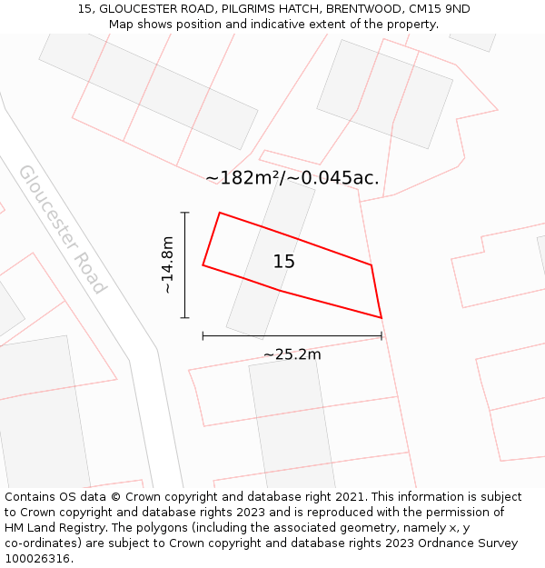 15, GLOUCESTER ROAD, PILGRIMS HATCH, BRENTWOOD, CM15 9ND: Plot and title map