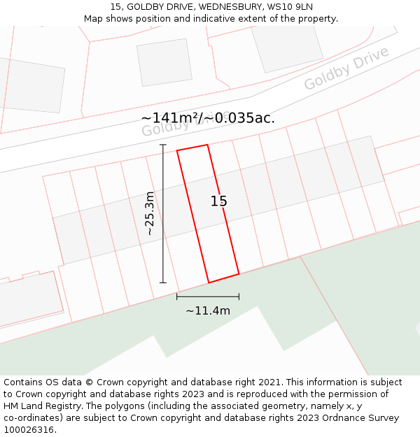 15, GOLDBY DRIVE, WEDNESBURY, WS10 9LN: Plot and title map