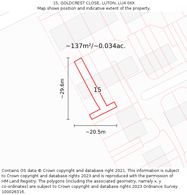 15, GOLDCREST CLOSE, LUTON, LU4 0XX: Plot and title map