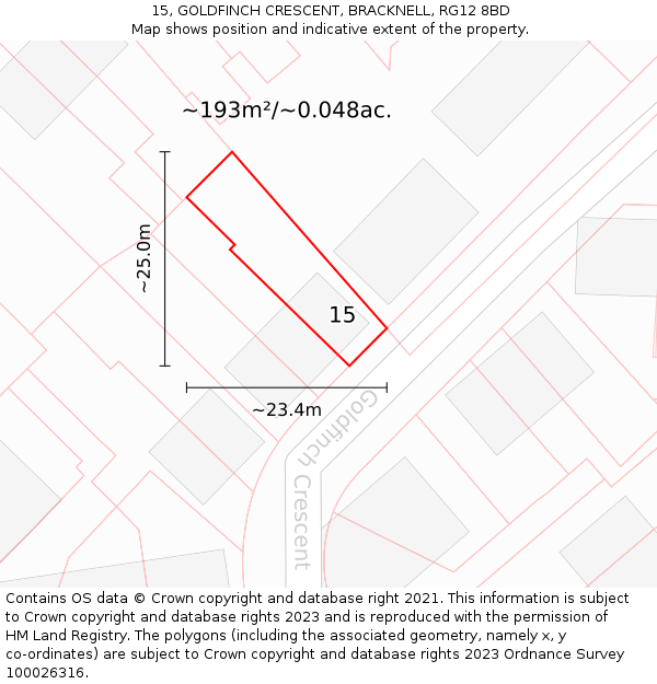 15, GOLDFINCH CRESCENT, BRACKNELL, RG12 8BD: Plot and title map