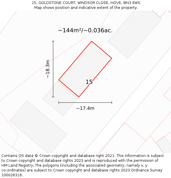 15, GOLDSTONE COURT, WINDSOR CLOSE, HOVE, BN3 6WS: Plot and title map