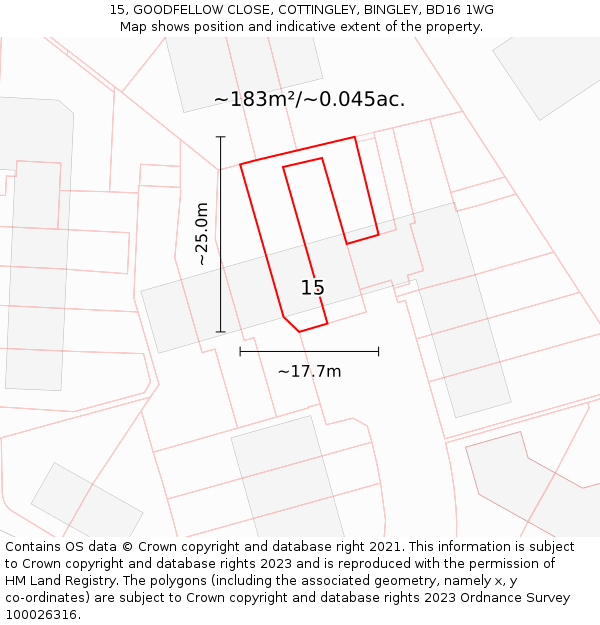 15, GOODFELLOW CLOSE, COTTINGLEY, BINGLEY, BD16 1WG: Plot and title map