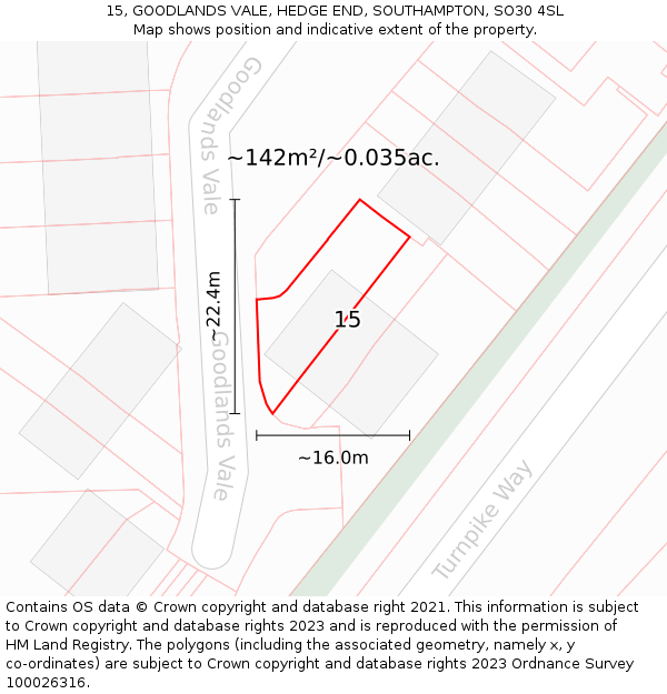 15, GOODLANDS VALE, HEDGE END, SOUTHAMPTON, SO30 4SL: Plot and title map